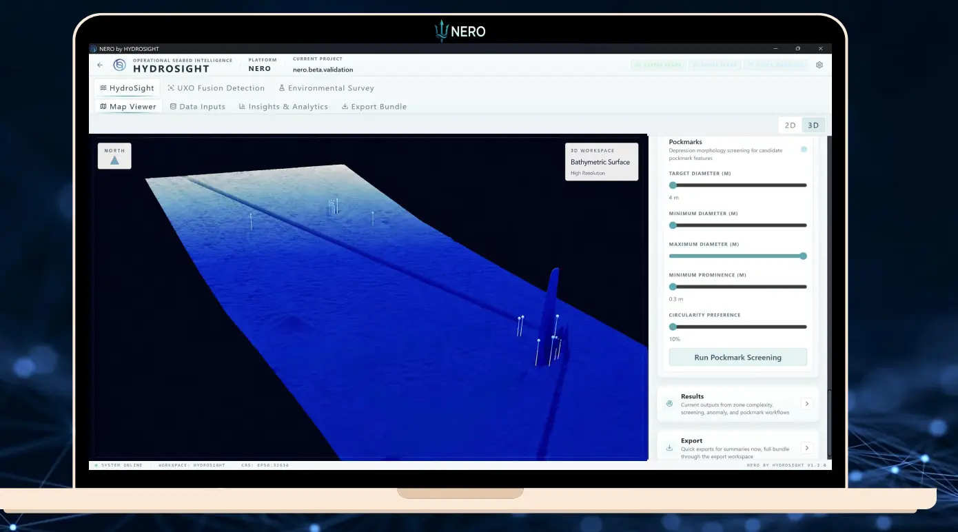 Supplied NERO platform view, showing a bathymetric surface and marine infrastructure