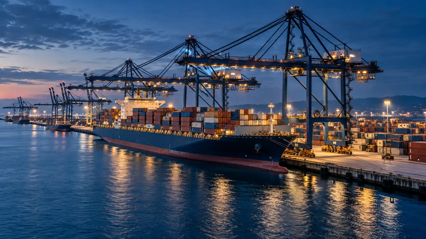 Illustration of a port at dusk